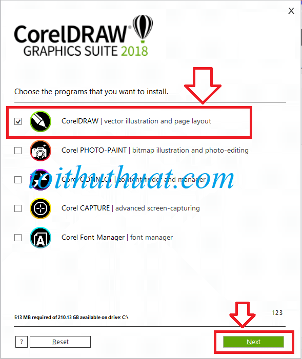 Bạn chọn Custom Installation… → Chỉ chọn vào tích CorelDraw → Next.