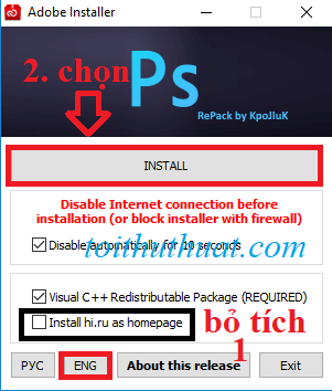 Bỏ dấu tích ở ô "install hi.ru as homepage"
