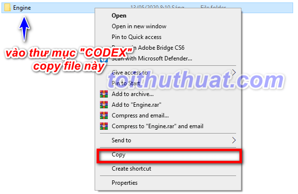 Bạn vào thư mục "CODEX" rồi Copy file "Engine"