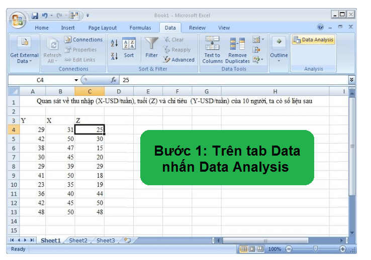 Trên tab Data nhấn Data Analysis